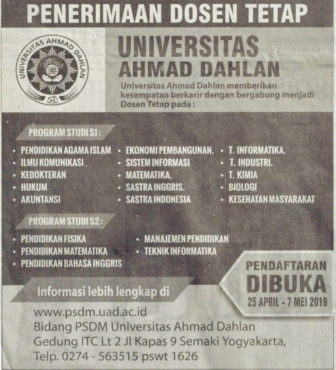 Penerimaan Dosen Tetap Universitas Ahmad Dahlan Tahun 2019 - FTI- UAD